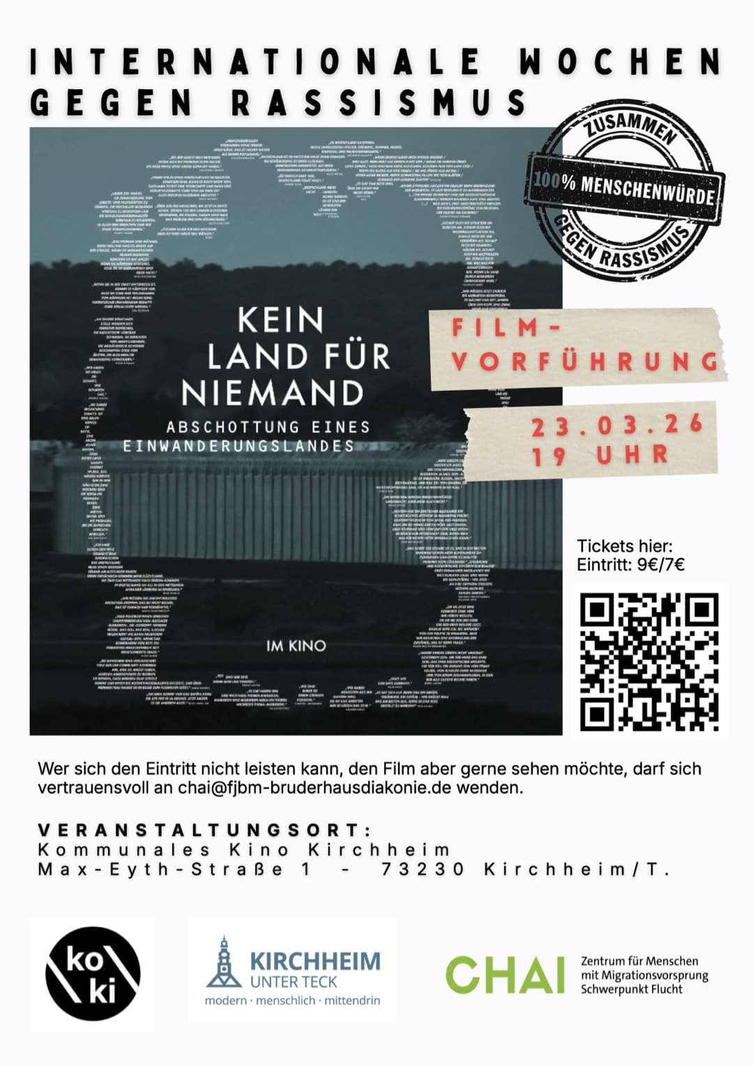 Plakat Filmvorführung: „Kein Land für Niemand – Abschottung eines Einwanderungslandes“ (Quelle: CHAI)